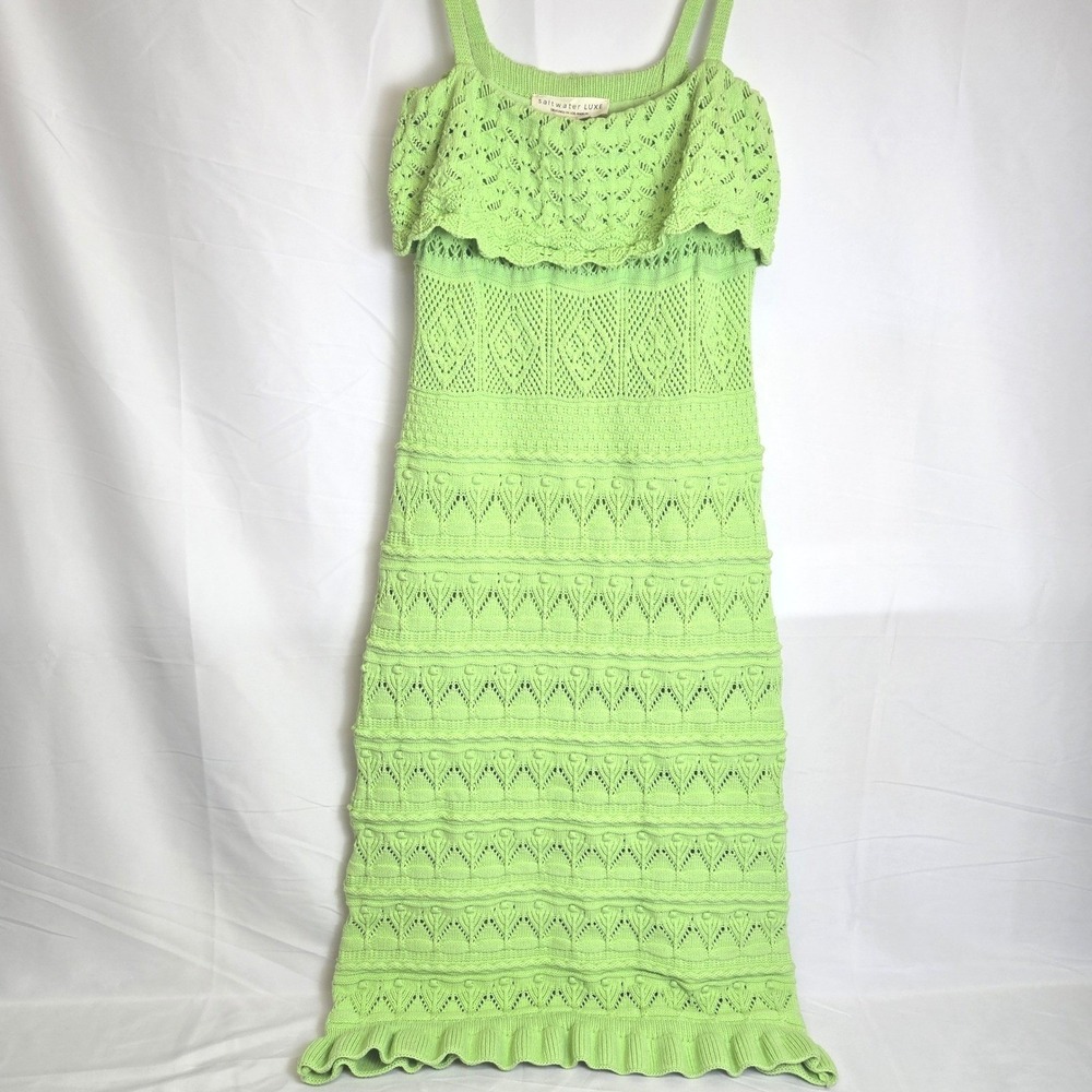 Saltwater Luxe Crochet Tiered Midi Dress, Boho Spring, Green, Medium, S3161-KLIM